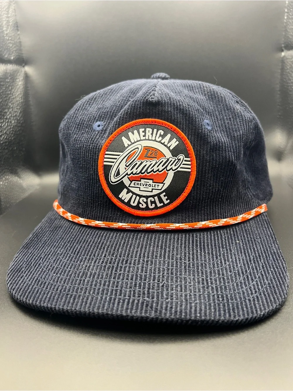 Camaro American Muscle Corduroy Rope SnapBack Hat - Navy with Orange Trim